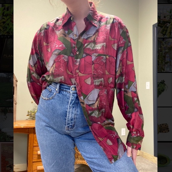 Vintage 100% silk abstract button up shirt M - Picture 3 of 9